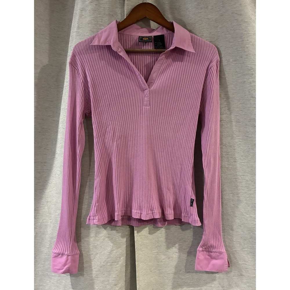 Y2K Route 66 Collared V Neck Ribbed Long Sleeve Pink Size Large Retro Preppy